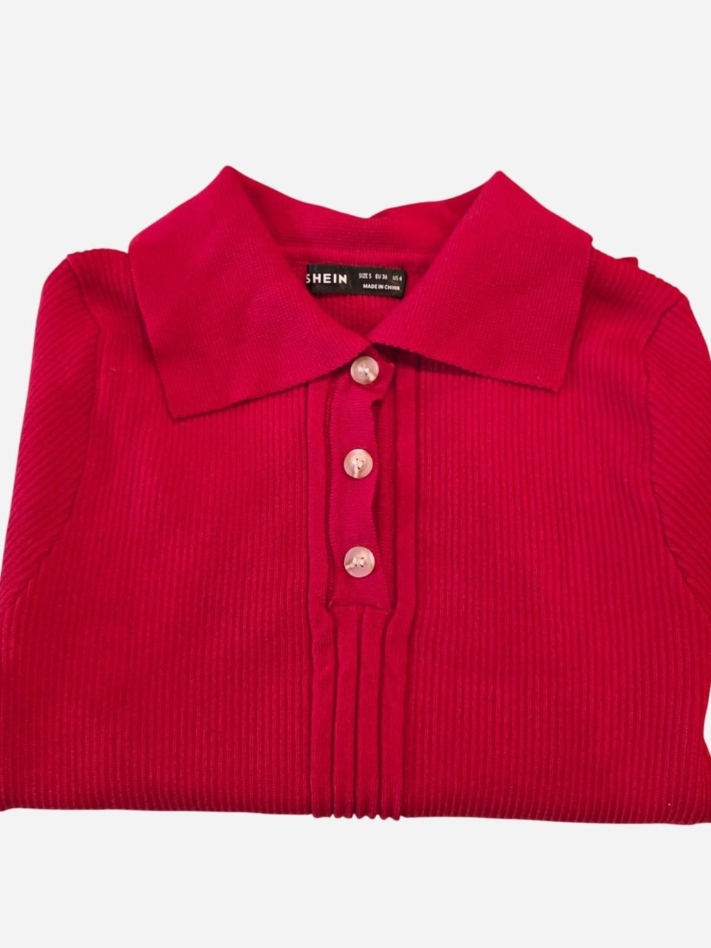 SHEIN Red Ribbed Polo Knit Top with Button Placket